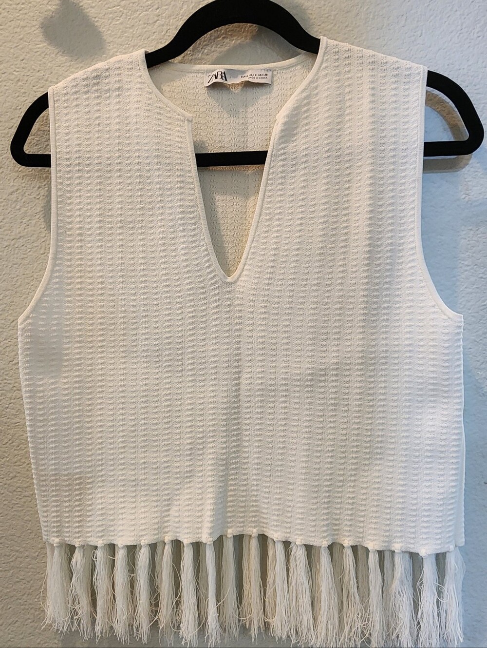 Zara Textured Fringe Top White Size S Boho Resort